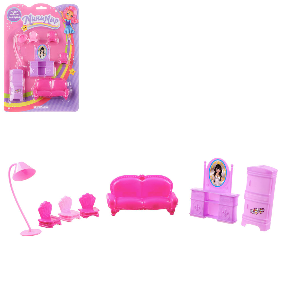 ИГРОЛЕНД Набор игровой "Минимир", мебель для куклы, пластик PP, PVC, полиэстер, 21х28х3см, 10 диз, арт.№ 294-152