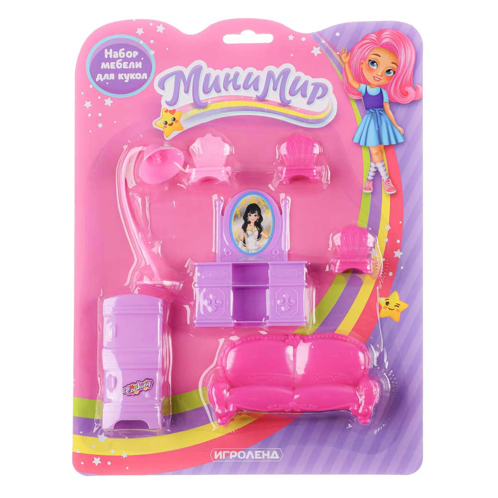 ИГРОЛЕНД Набор игровой "Минимир", мебель для куклы, пластик PP, PVC, полиэстер, 21х28х3см, 10 диз, арт.№ 294-152