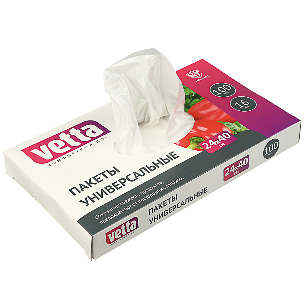 VETTA Пакеты универсальные 100шт, 24x40см, 16мкм, в коробке, арт.№ 438-142
