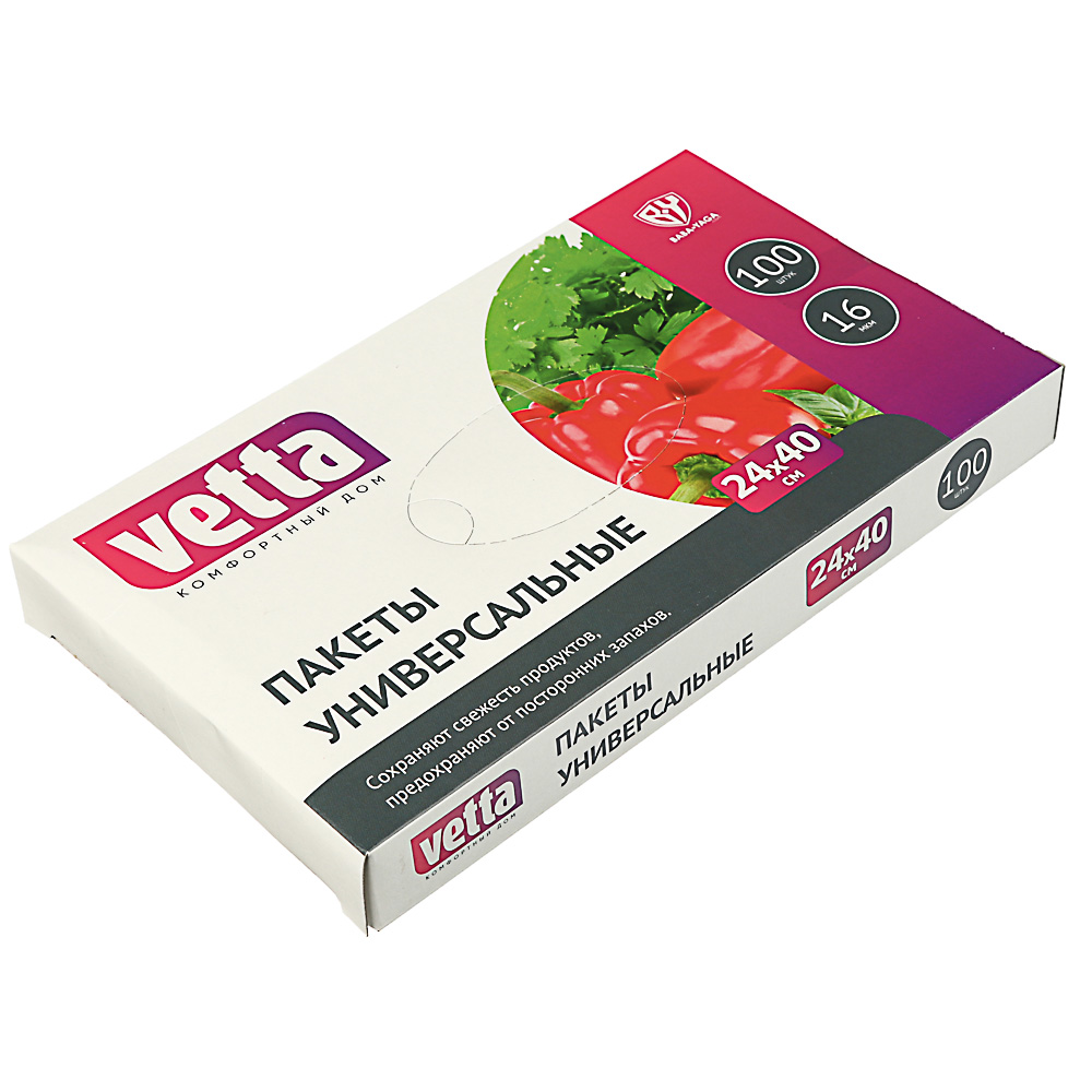 VETTA Пакеты универсальные 100шт, 24x40см, 16мкм, в коробке, арт.№ 438-142