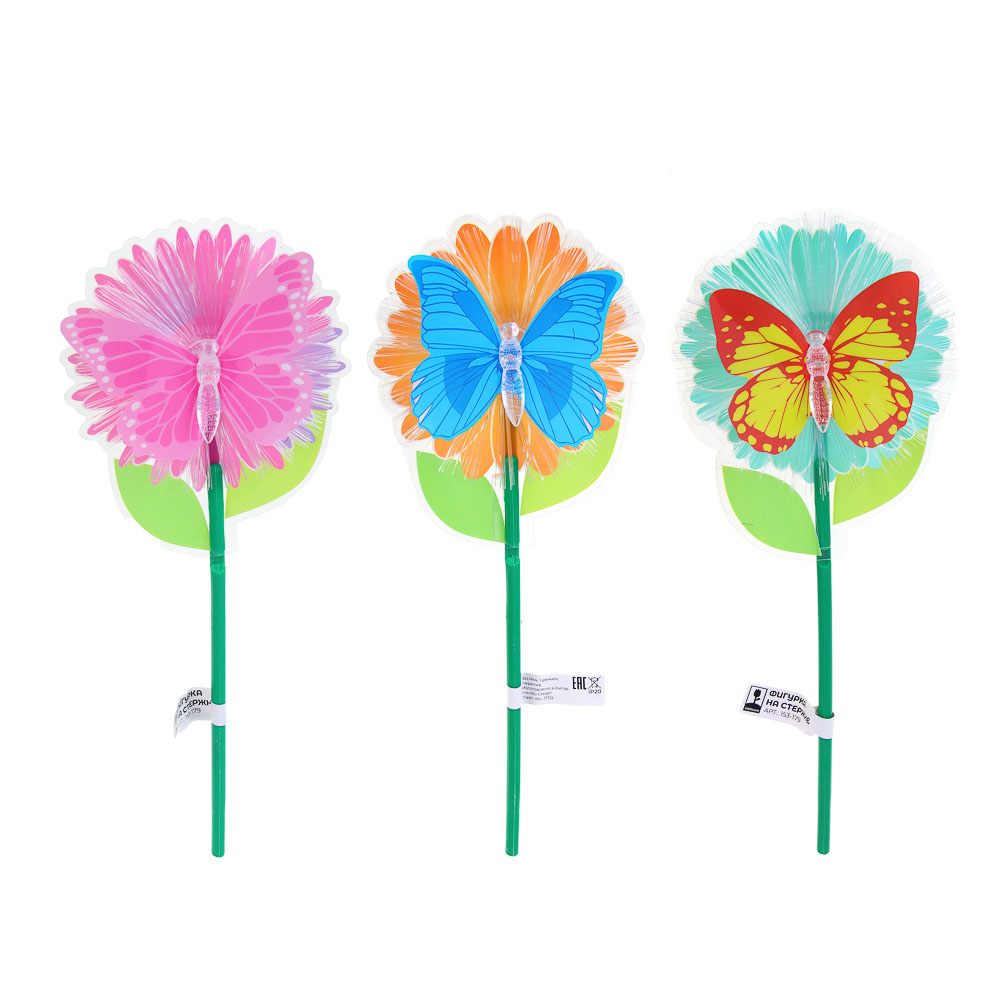 INBLOOM Фигурка на стержне Бабочка, 1LED, 1 реж., 11х28х3см, PS, PMMA, PVC, PP, 3xLR44, арт.№ 153-179