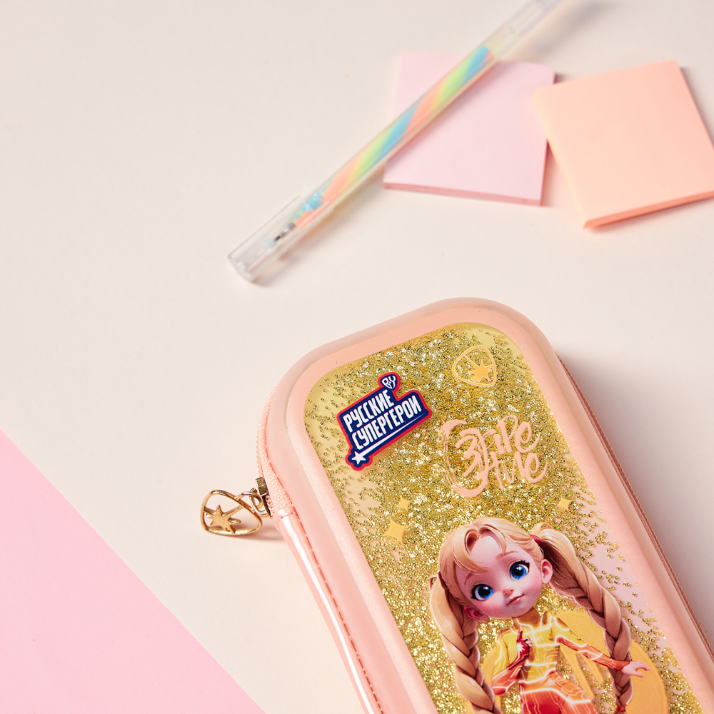 Пенал школьный каркасный 22х10х4,5 см, 1 отделение, откидная ланка, блестки в геле, "Заря джуниор" BY Русские Супергерои, арт.№ 583-005
