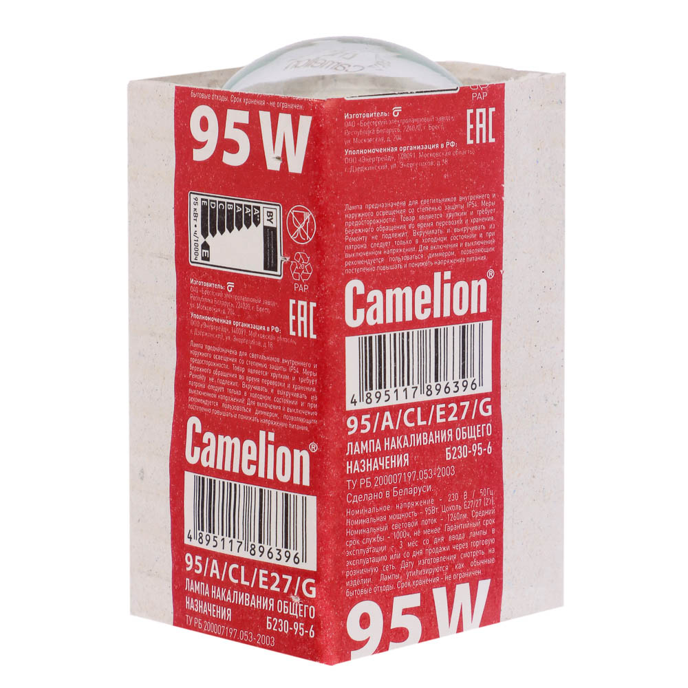 Лампа накаливания с прозрачной колбой Camelion, 95/A/CL/E27/G, ЛОН, ГОФРА, Б230-95-6, арт.№ 913-002