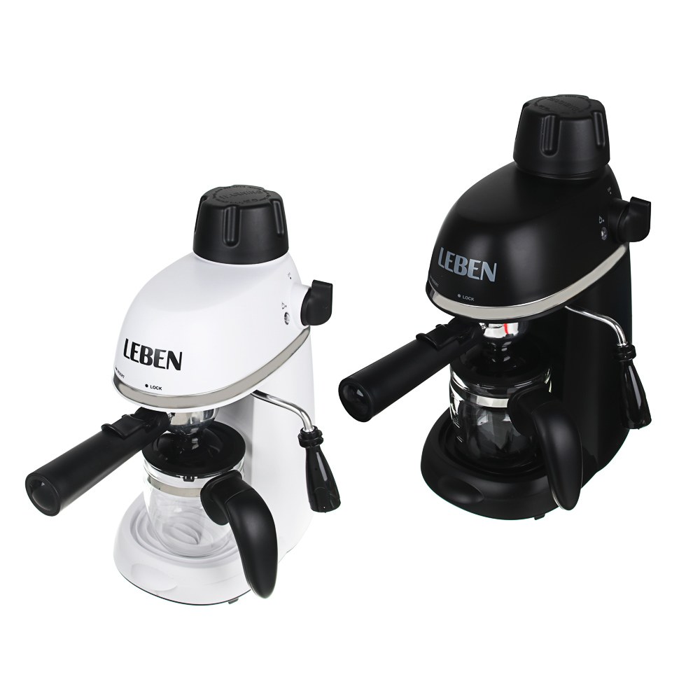 LEBEN Кофеварка рожкового типа, давление 3,5 Бар., стеклянная колба, корпус  пластик, отделка нерж, арт.№ 286-035