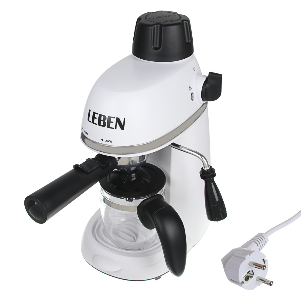 LEBEN Кофеварка рожкового типа, давление 3,5 Бар., стеклянная колба, корпус  пластик, отделка нерж, арт.№ 286-035