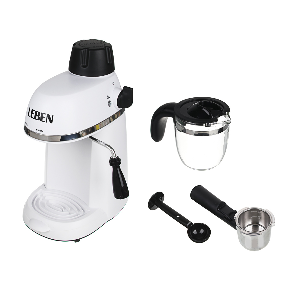 LEBEN Кофеварка рожкового типа, давление 3,5 Бар., стеклянная колба, корпус  пластик, отделка нерж, арт.№ 286-035
