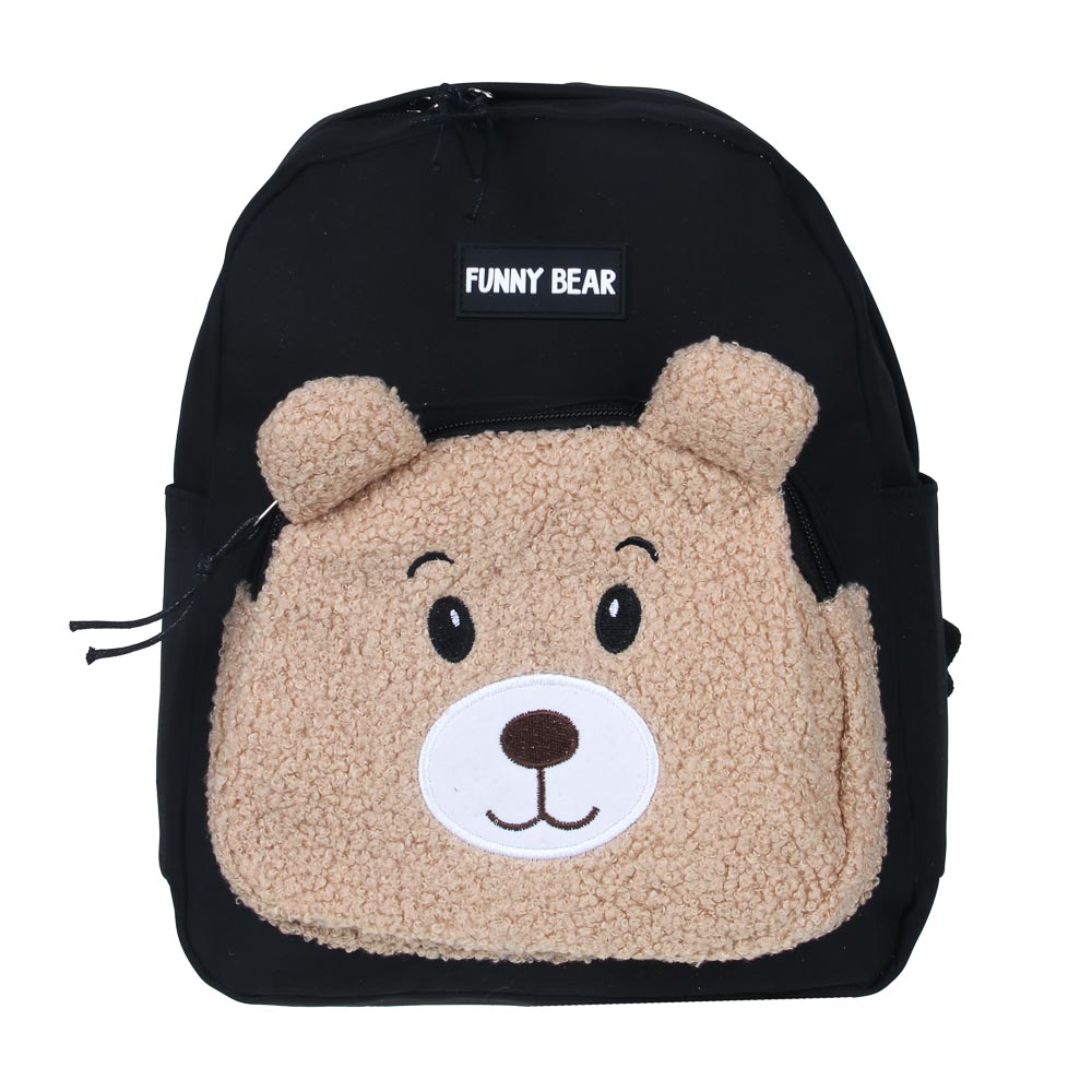 Мини-рюкзак 30,5x24x10см, 1 отд., 2 карм., декор "мишка", значок, нейлон, плюш, черный с коричневым, арт.№ 254-728