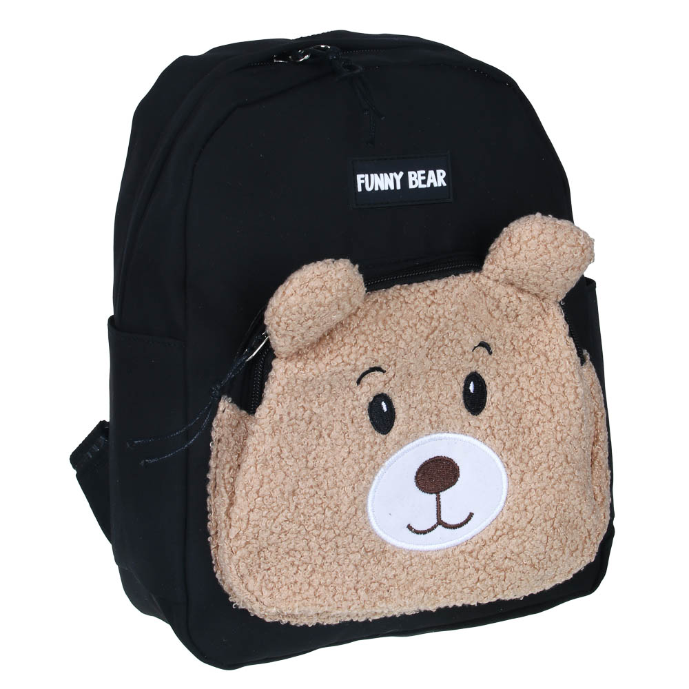 Мини-рюкзак 30,5x24x10см, 1 отд., 2 карм., декор "мишка", значок, нейлон, плюш, черный с коричневым, арт.№ 254-728
