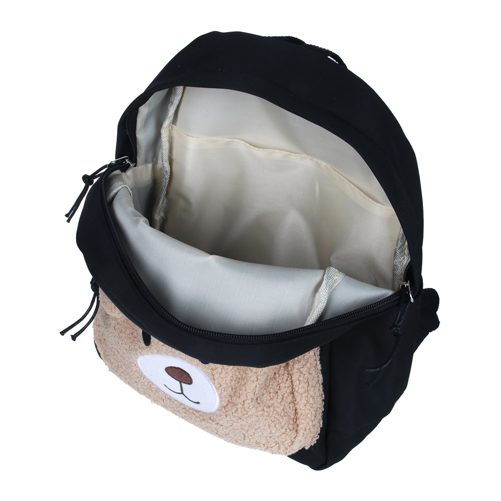 Мини-рюкзак 30,5x24x10см, 1 отд., 2 карм., декор "мишка", значок, нейлон, плюш, черный с коричневым, арт.№ 254-728