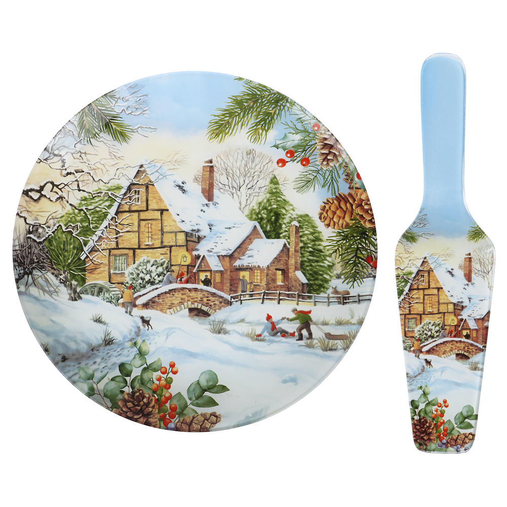 Зимние забавы Набор для торта 2 предмета, блюдо 30см, лопатка 26х7см, стекло, арт.№ 820-900