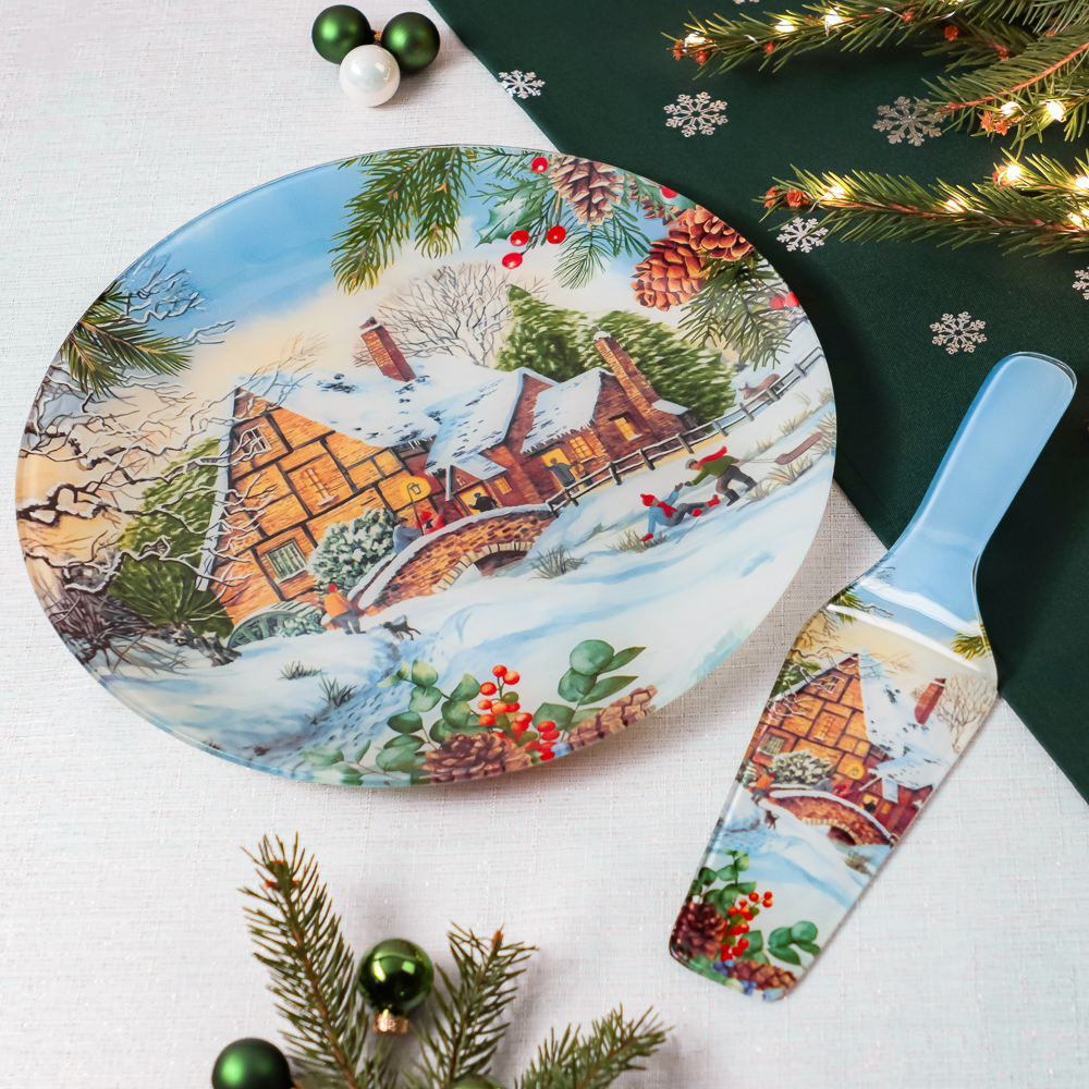 Зимние забавы Набор для торта 2 предмета, блюдо 30см, лопатка 26х7см, стекло, арт.№ 820-900