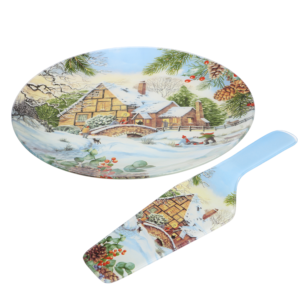Зимние забавы Набор для торта 2 предмета, блюдо 30см, лопатка 26х7см, стекло, арт.№ 820-900