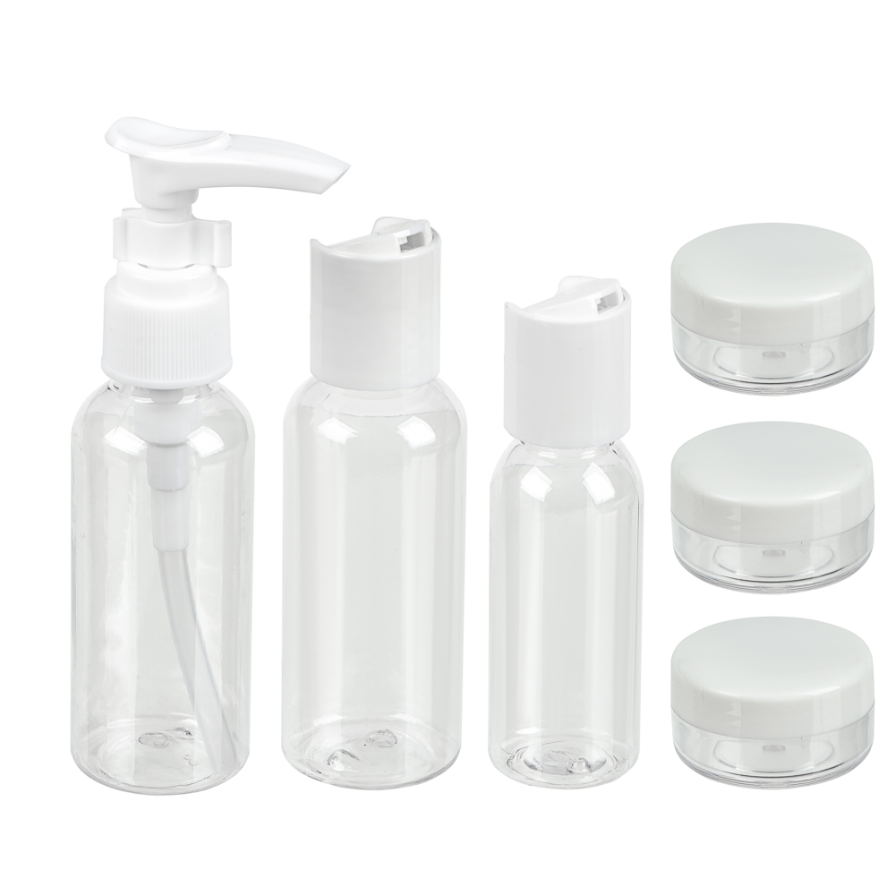 Набор для косметики дорожный 6 предметов (2 шт–50мл,1 шт–30мл, 3 шт–10гр) тм ЮНИLOOK, пластик, 2 цв., арт.№ 357-287