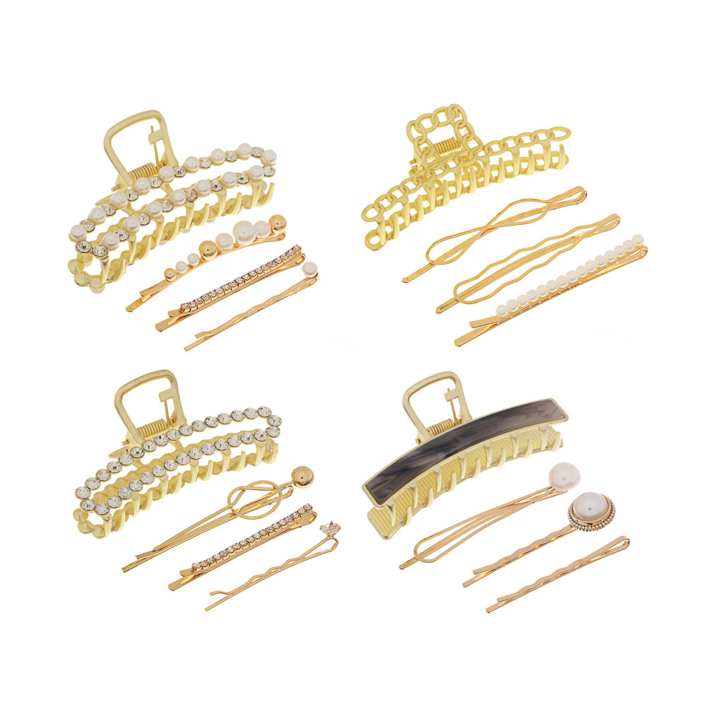 BERIOTTI Набор аксессуаров для волос 4пр: заколки 5-7см, краб 7,5см, биж.сплав, пластик, 4 дизайна, арт.№ 316-367