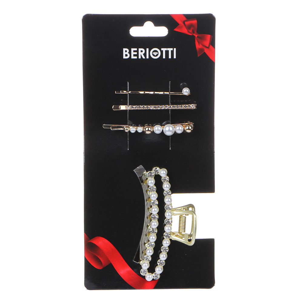 BERIOTTI Набор аксессуаров для волос 4пр: заколки 5-7см, краб 7,5см, биж.сплав, пластик, 4 дизайна, арт.№ 316-367