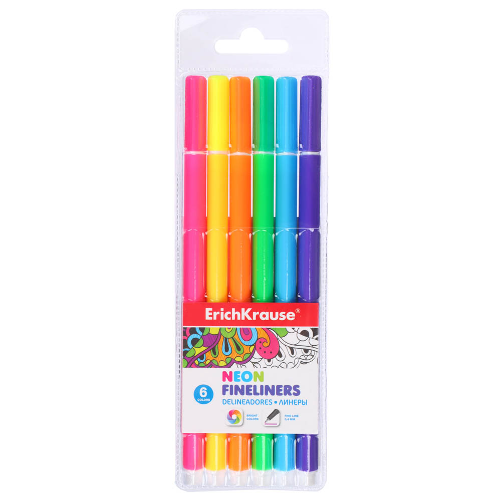 Erich Krause Набор линеров "Неон", 6 цветов, 0,4 мм, пластик, пенал, арт.№ 693-073