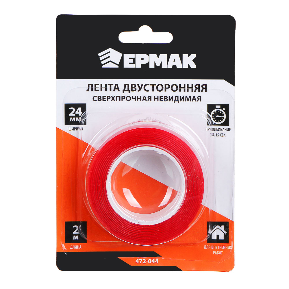 Клейкая лента двусторонняя, сверхпрочная, невидимая, тм ЕРМАК, 24мм x 2м x 1мм, арт.№ 472-044