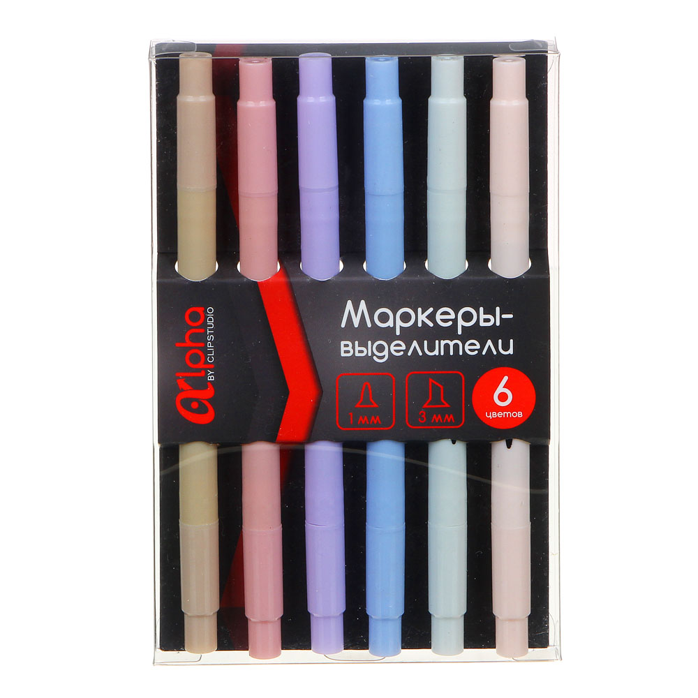 Набор маркеров-выделителей ClipStudio Альфа 6 пастельных цветов, 2-стор., круглый 1мм/скошенный 3мм, арт.№ 613-036