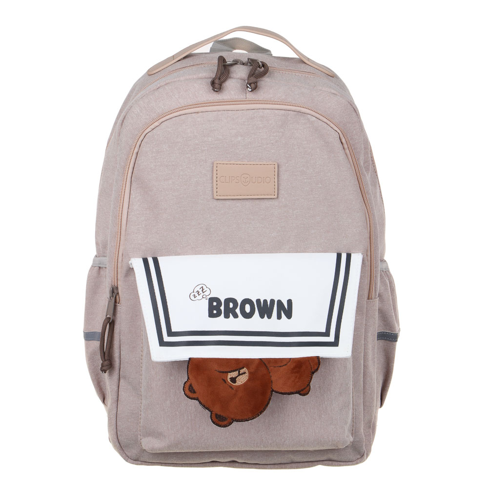 Рюкзак подростковый 45x30x20см, 2 отд., 3 карм., липучка, декор "мишка", ПЭ, иск.кожа, бежевый, арт.№ 254-751