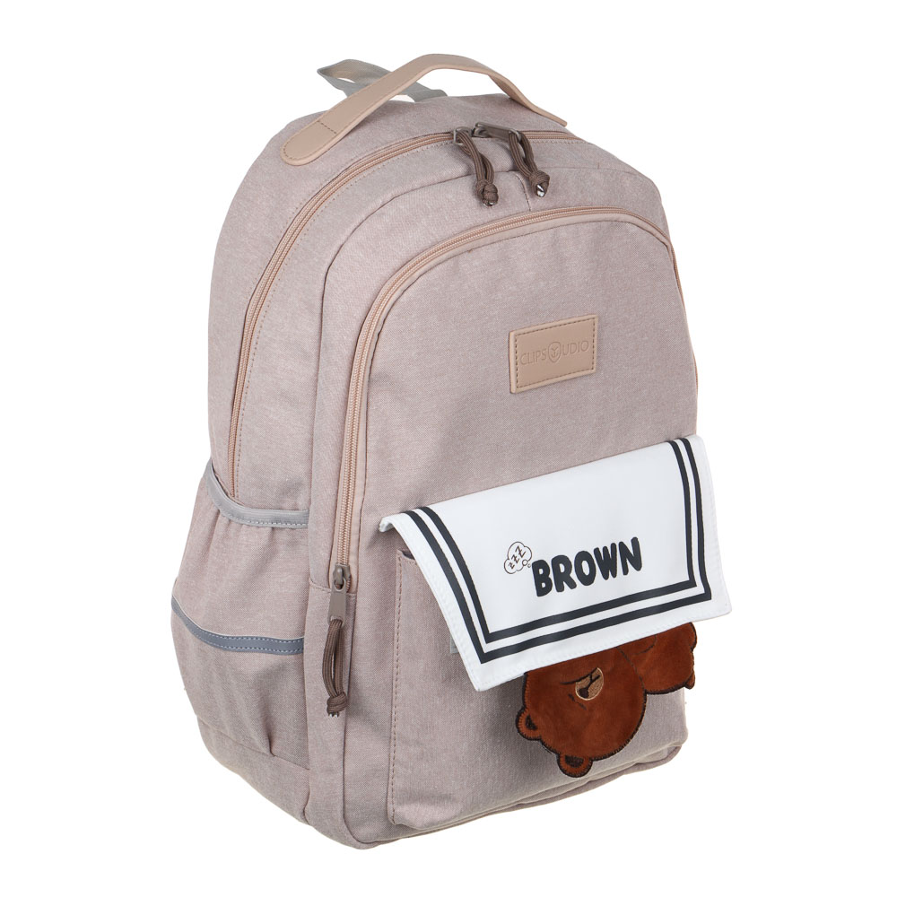 Рюкзак подростковый 45x30x20см, 2 отд., 3 карм., липучка, декор "мишка", ПЭ, иск.кожа, бежевый, арт.№ 254-751