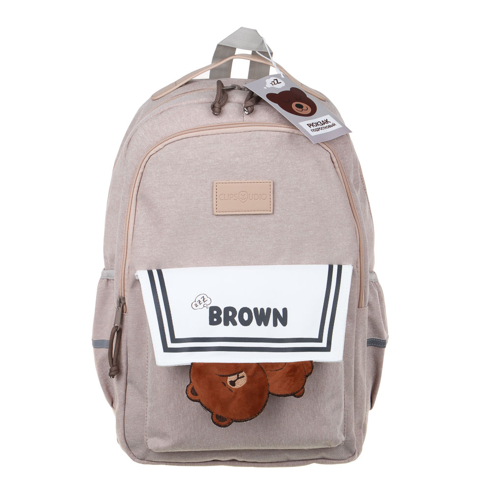 Рюкзак подростковый 45x30x20см, 2 отд., 3 карм., липучка, декор "мишка", ПЭ, иск.кожа, бежевый, арт.№ 254-751