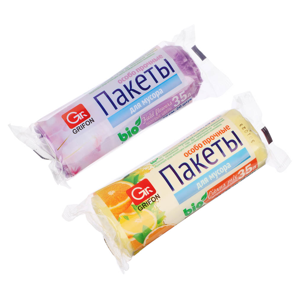 GRIFON Мешки для мусора БИО 35 л., 20 шт., прочные, 2 аромата (цитрус, цветы), рулон втулка, арт.№ 449-001