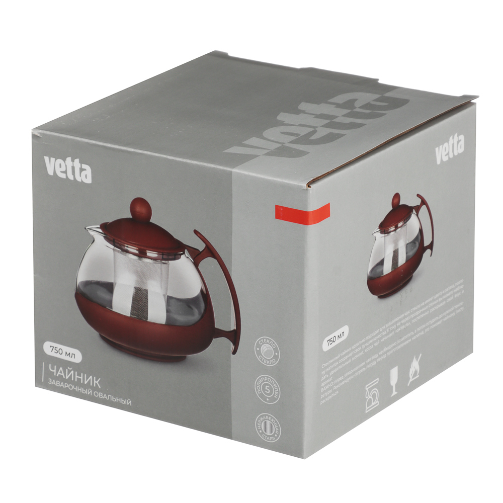 VETTA Чайник заварочный 750мл, овальный,  ситечко из нержавеющей стали, стекло, полипропилен, арт.№ 850-704