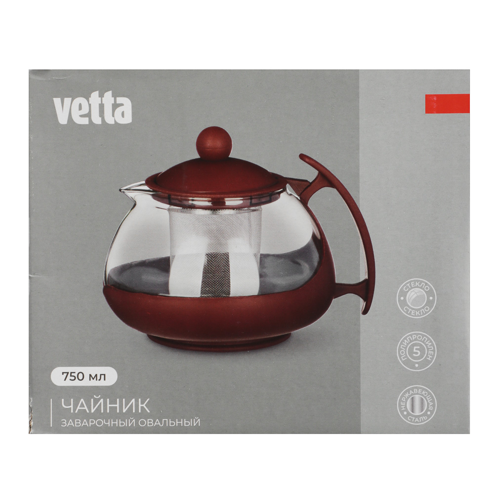 VETTA Чайник заварочный 750мл, овальный,  ситечко из нержавеющей стали, стекло, полипропилен, арт.№ 850-704