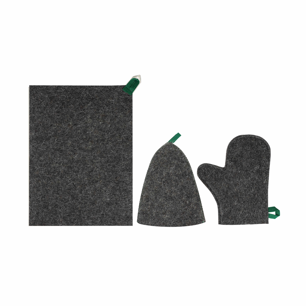 Набор банный ЭКОНОМ 3 предмета (шапка, коврик, рукавица) в пакете, войлок белый/серый, арт.№ 364-270