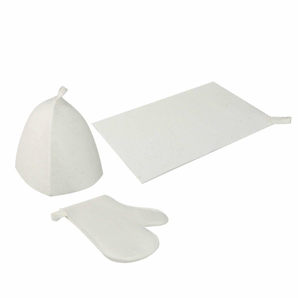 Набор банный ЭКОНОМ 3 предмета (шапка, коврик, рукавица) в пакете, войлок белый/серый, арт.№ 364-270