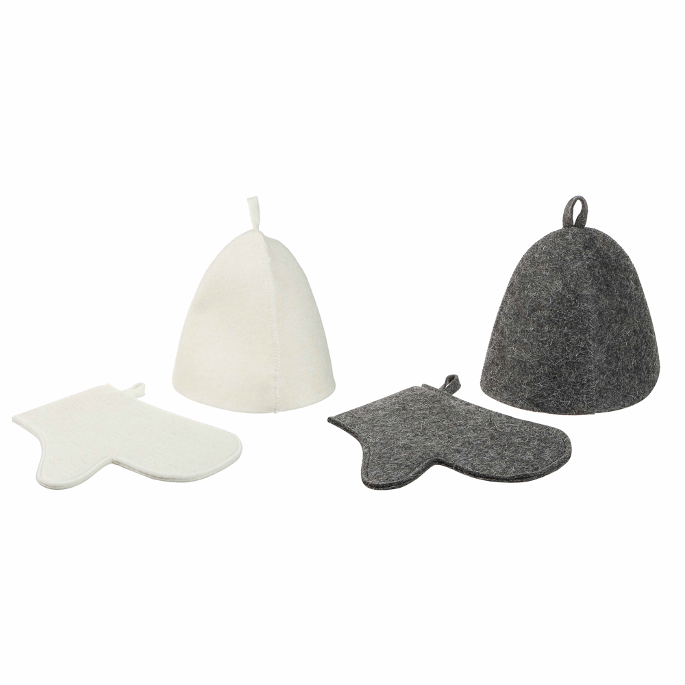 Набор банный ЭКОНОМ 2 предмета без вышивки (рукавица, шапка) в пакете, войлок белый/серый, арт.№ 364-271