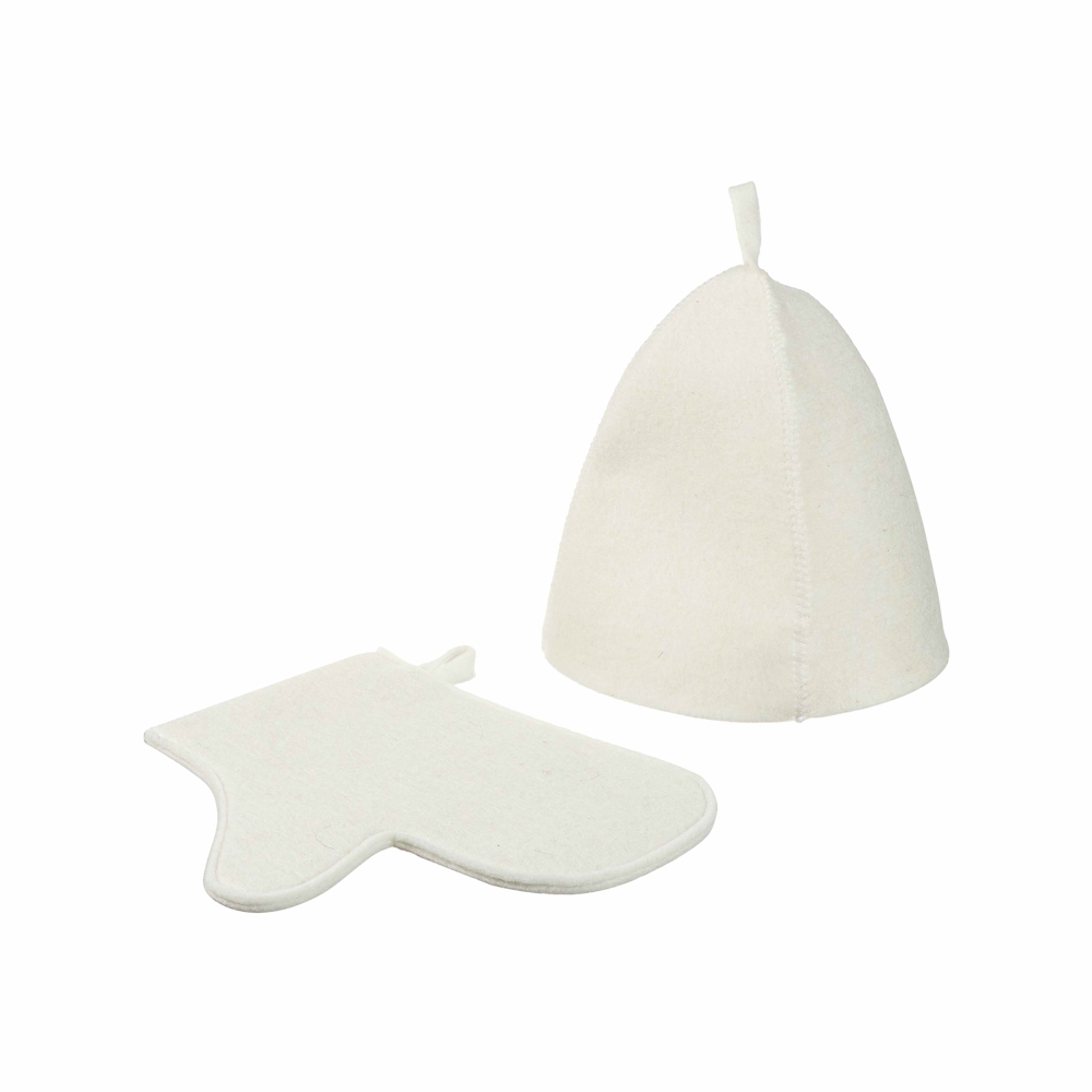 Набор банный ЭКОНОМ 2 предмета без вышивки (рукавица, шапка) в пакете, войлок белый/серый, арт.№ 364-271