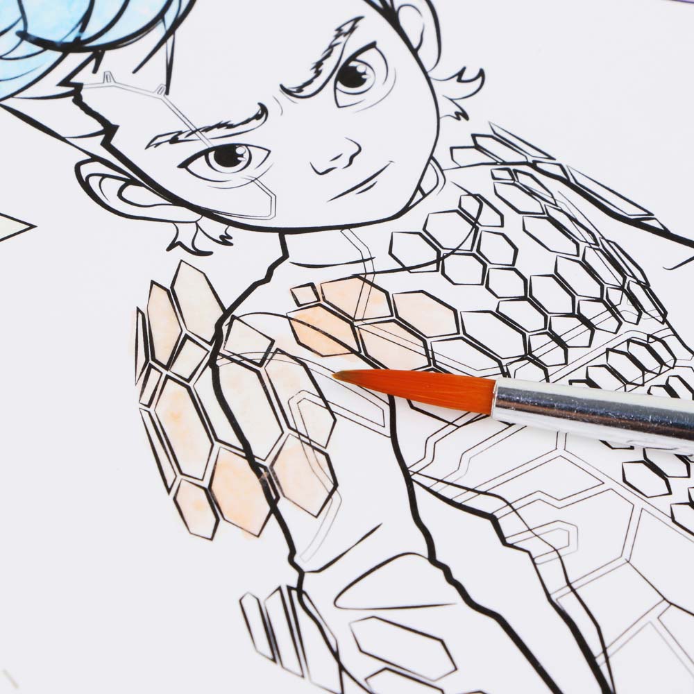 BY Русские Супергерои Раскраска, 14,8х21см, с акварелью 9цв.на листе, 6л.,перфорация,кисть,"Джуниор", арт.№ 231-002