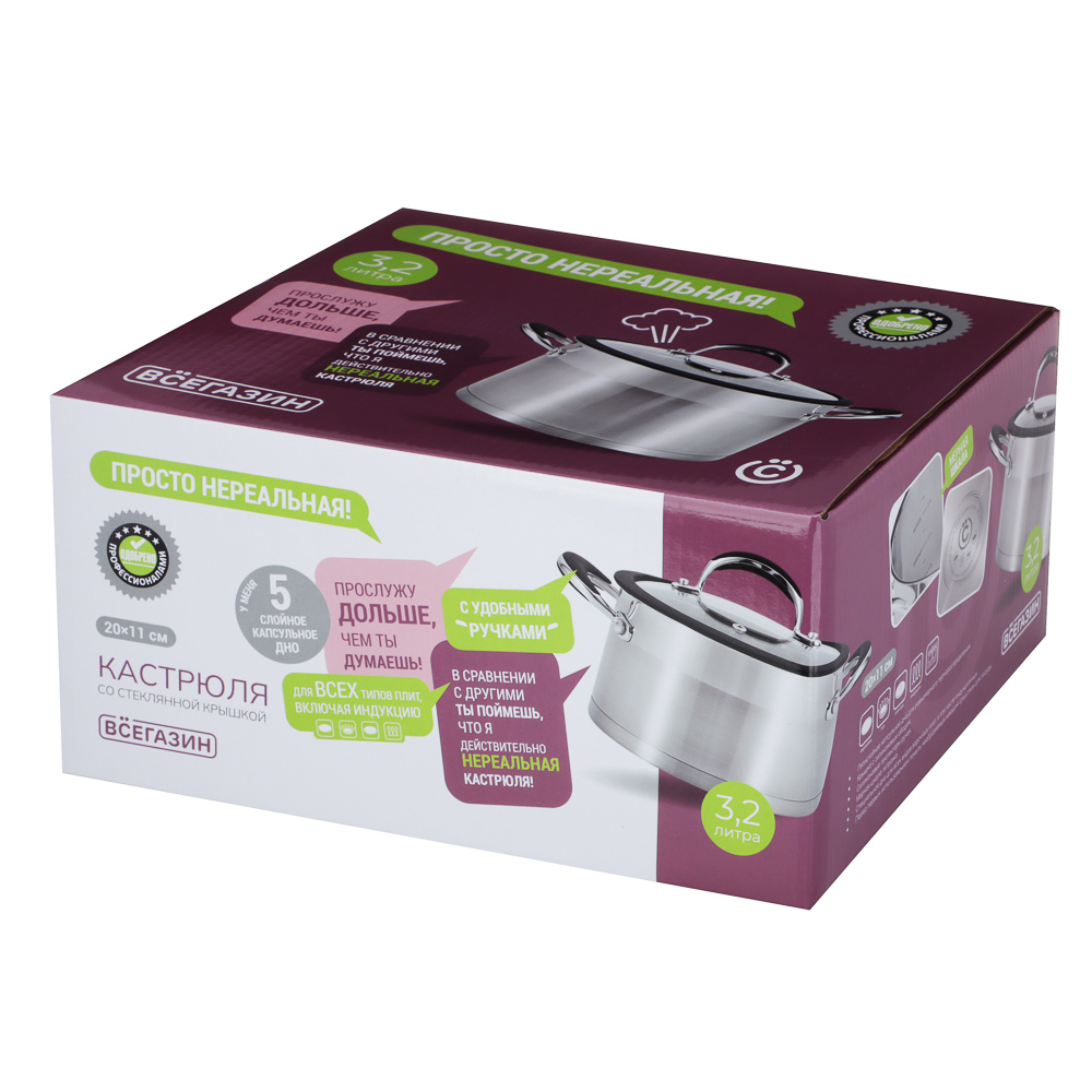 ВСЁГАЗИН Джела Кастрюля 20х11см 3,2л, со стекл. крышкой, индукция, нерж. сталь, арт.№ 822-233