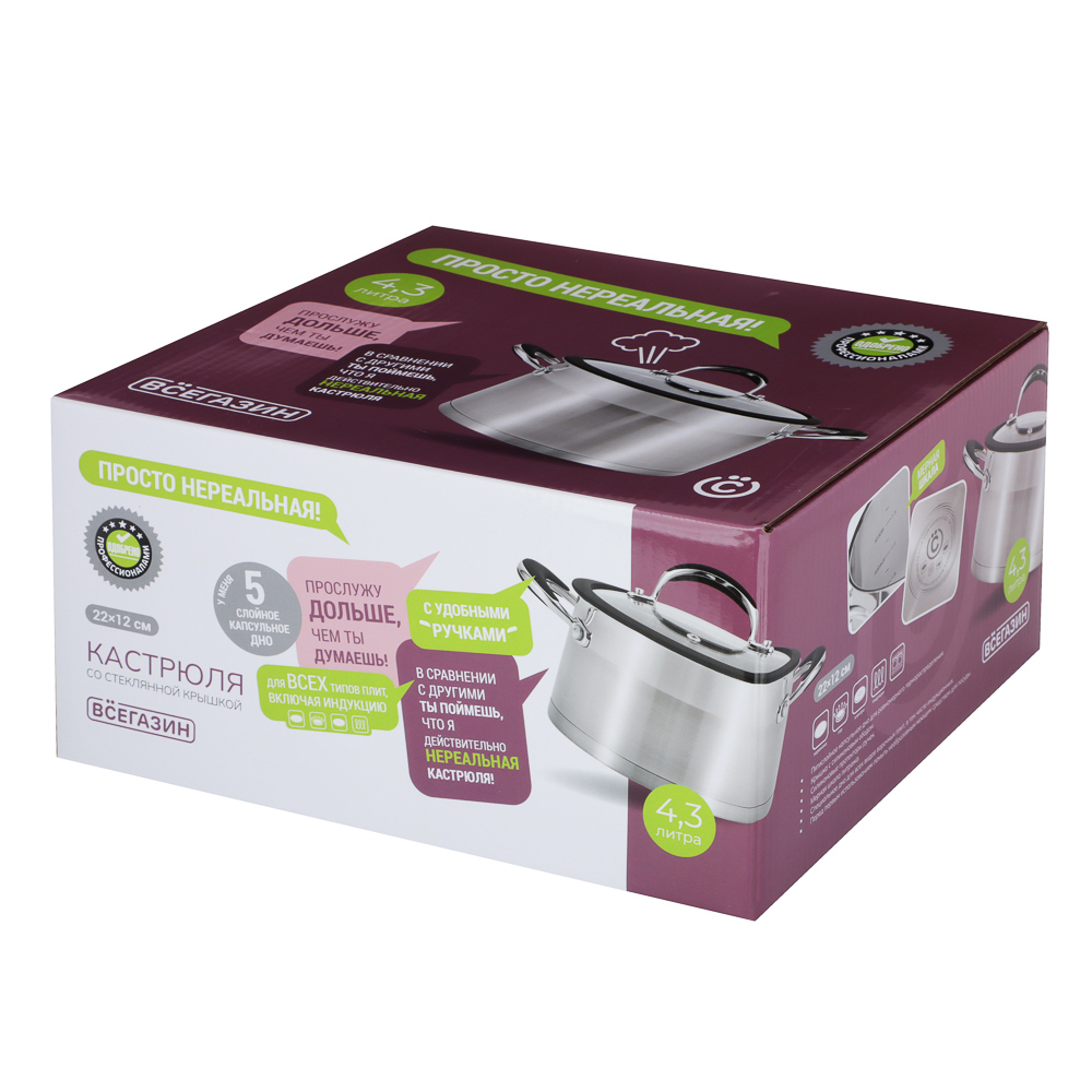 ВСЁГАЗИН Джела Кастрюля 22х12см 4,3л, со стекл. крышкой, индукция, нерж. сталь, арт.№ 822-234