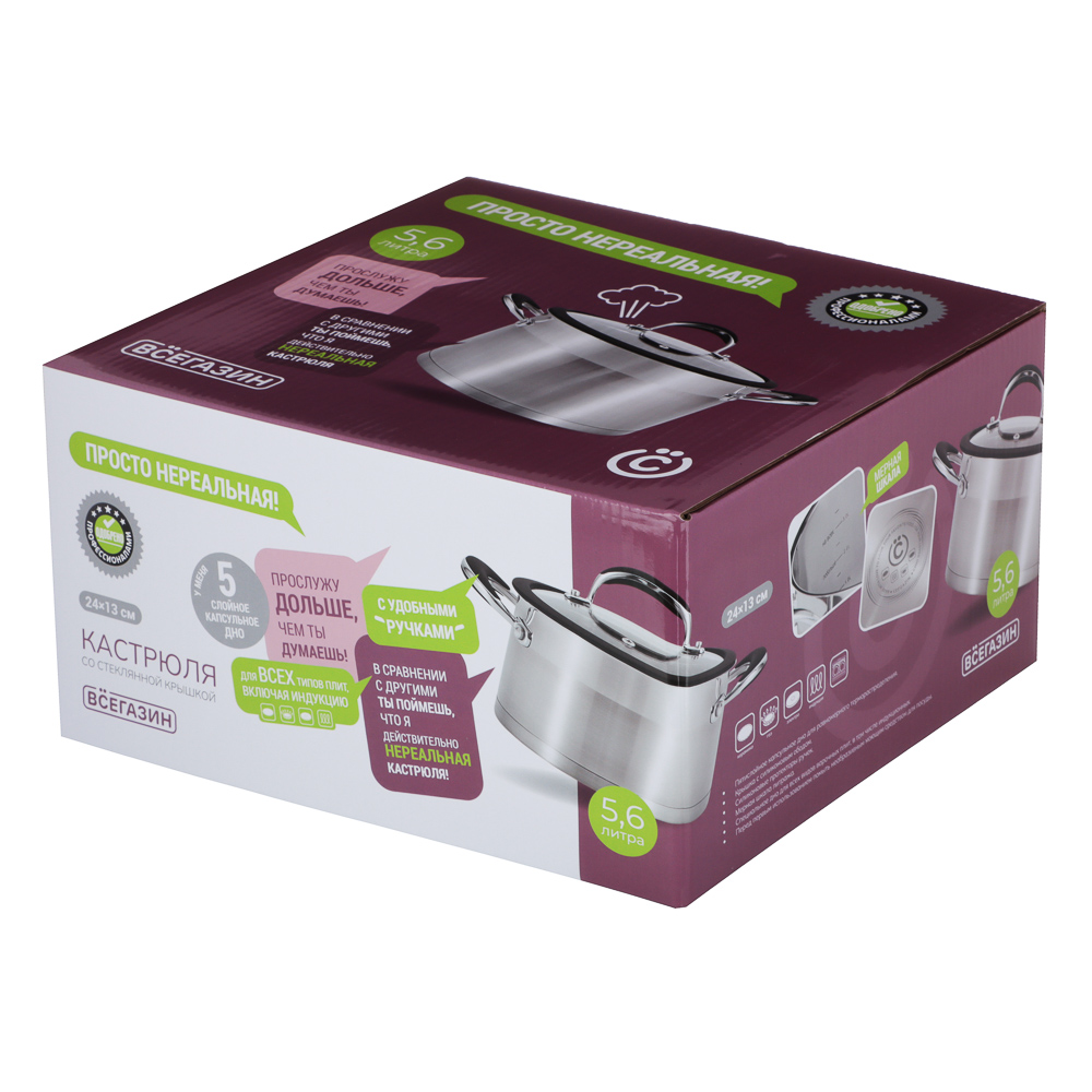 ВСЁГАЗИН Джела Кастрюля 24х13см 5,6л, со стекл. крышкой, индукция, нерж. сталь, арт.№ 822-235