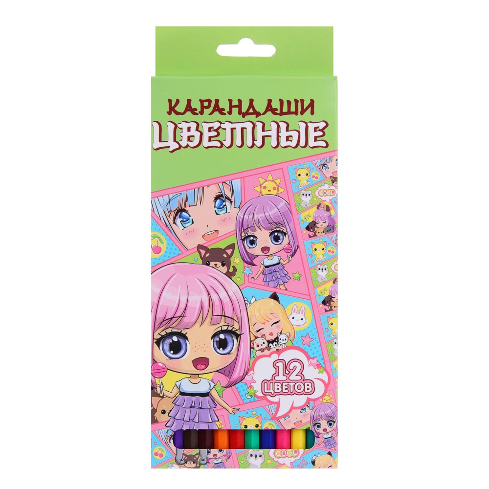 Кавай Карандаши 12 цветов шестигранные заточенные, улучшенное письмо, пластик, в карт.коробке, арт.№ 228-008