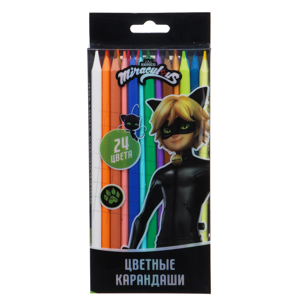 Супер-Кот Карандаши 24 цвета, 3х-гранные, прокрас в массе, яркий грифель, пл.бокс с печатью, "Кор", арт.№ 811-010