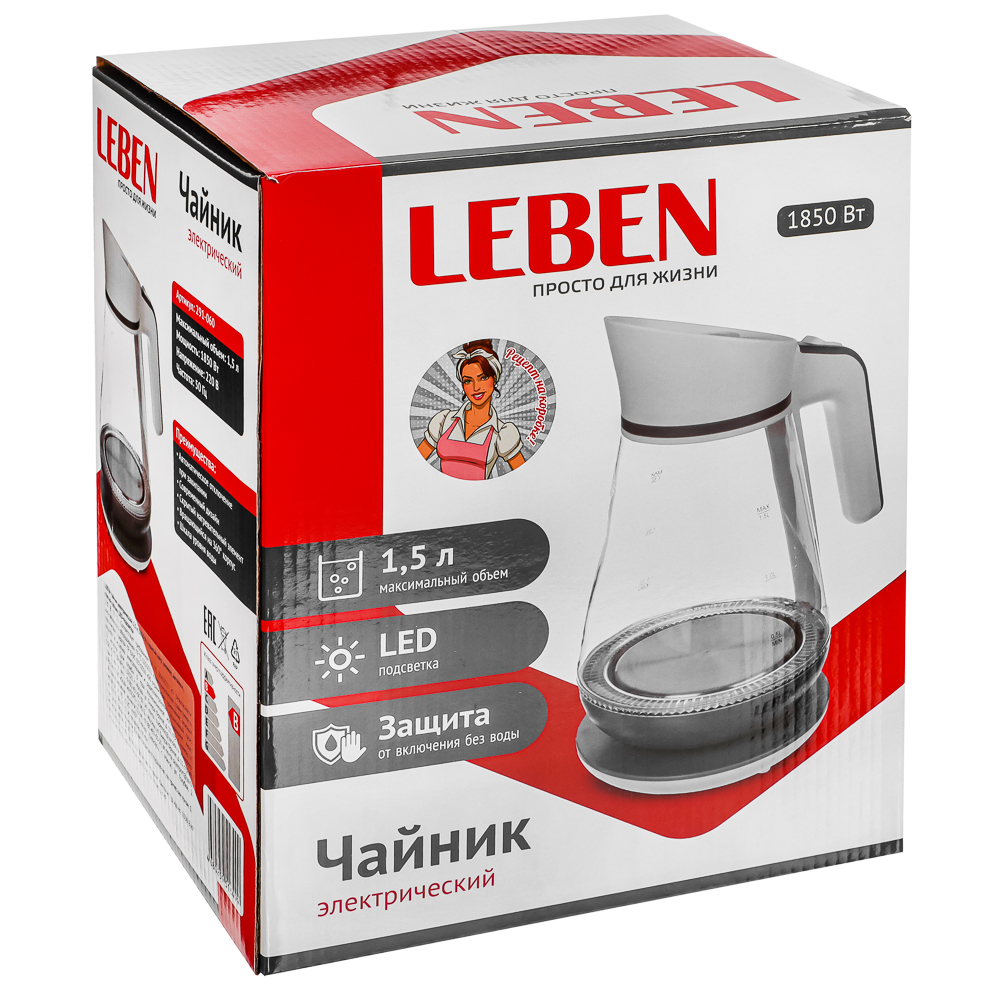 LEBEN Чайник электрический 1,5л, 1850Вт, скрытый нагр.элемент, автооткл.,стекло-кувшин,LED подсветка, арт.№ 291-060