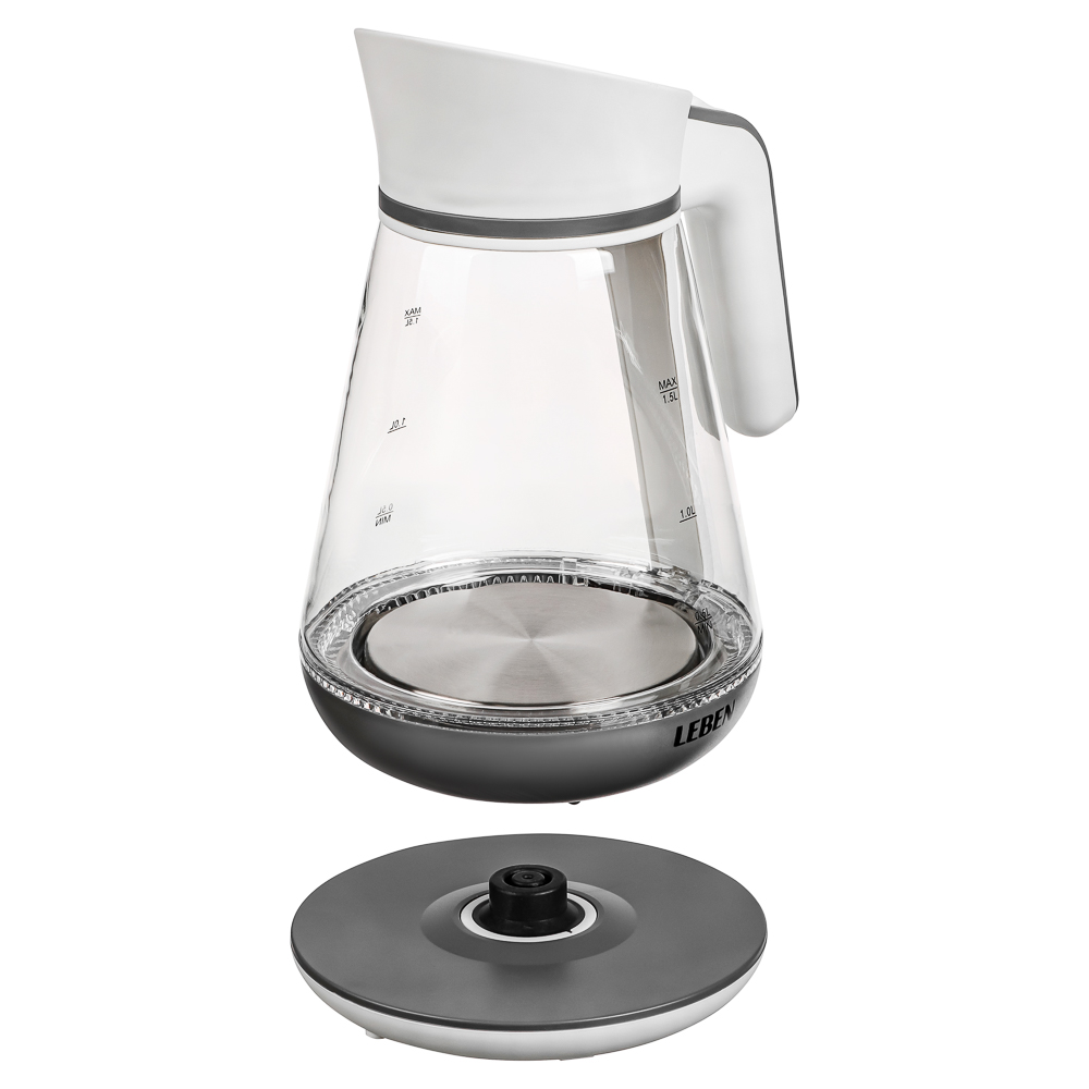 LEBEN Чайник электрический 1,5л, 1850Вт, скрытый нагр.элемент, автооткл.,стекло-кувшин,LED подсветка, арт.№ 291-060