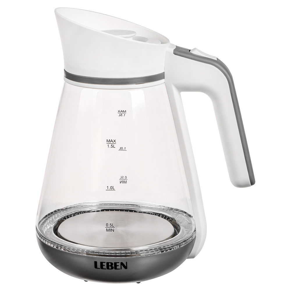 LEBEN Чайник электрический 1,5л, 1850Вт, скрытый нагр.элемент, автооткл.,стекло-кувшин,LED подсветка, арт.№ 291-060