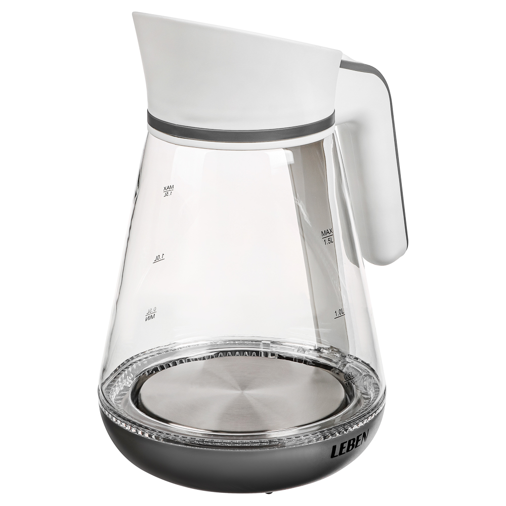 LEBEN Чайник электрический 1,5л, 1850Вт, скрытый нагр.элемент, автооткл.,стекло-кувшин,LED подсветка, арт.№ 291-060