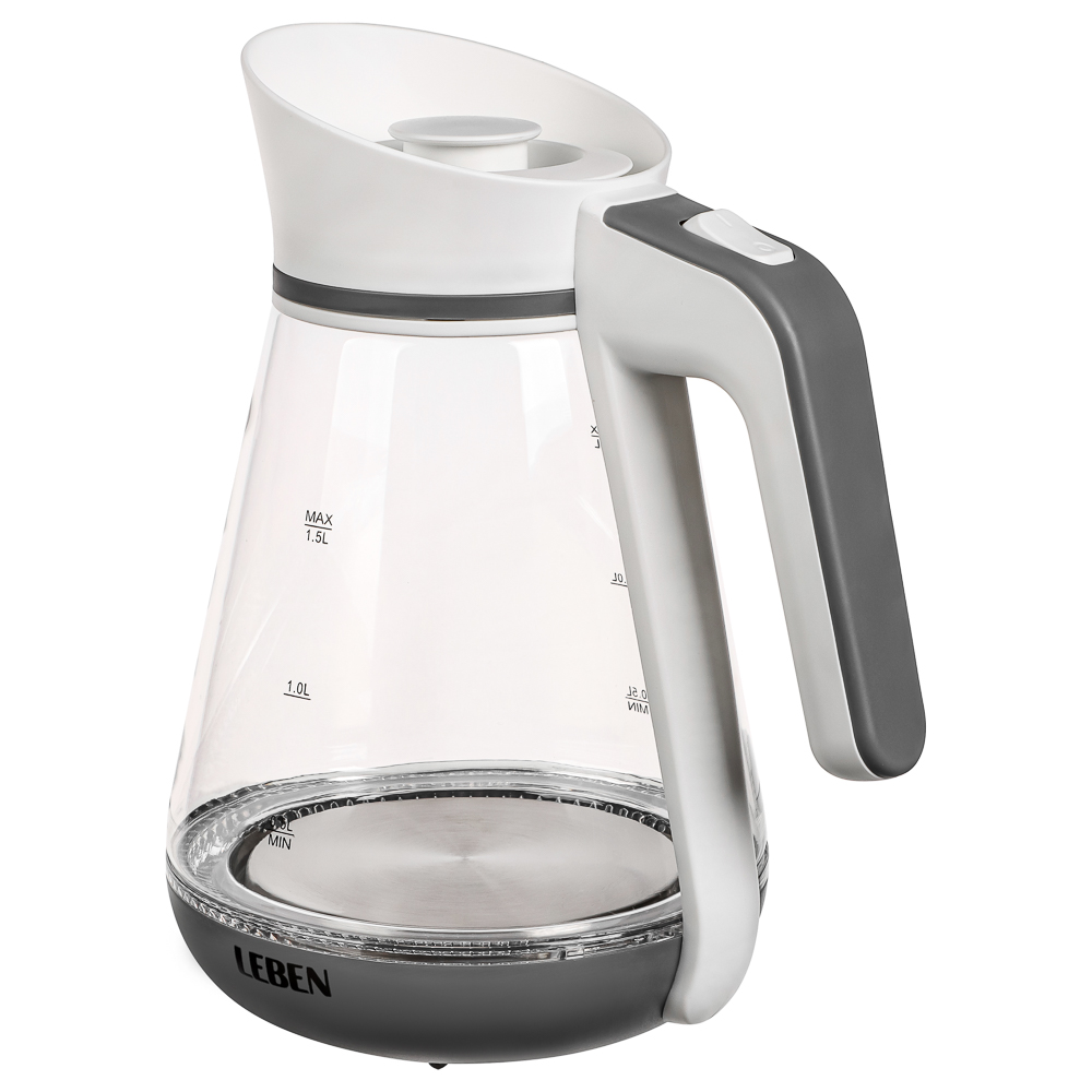 LEBEN Чайник электрический 1,5л, 1850Вт, скрытый нагр.элемент, автооткл.,стекло-кувшин,LED подсветка, арт.№ 291-060