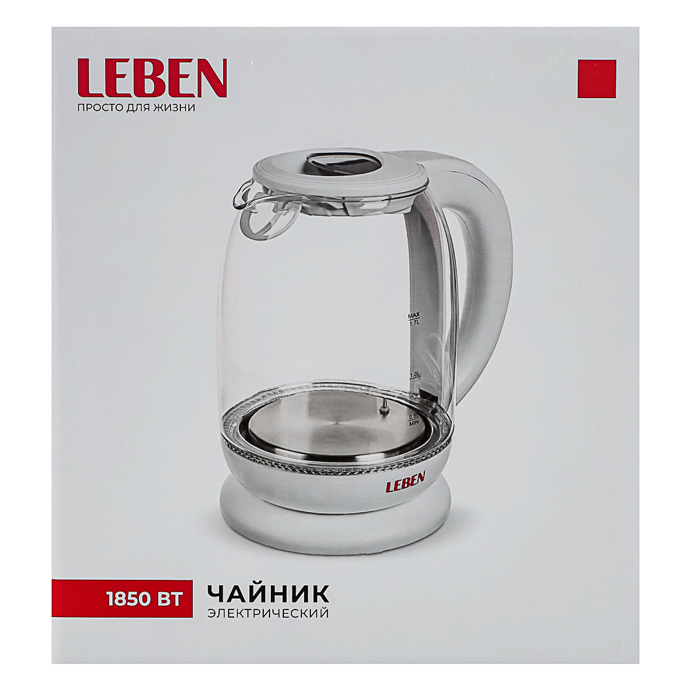 LEBEN Чайник электрический 1,7л, 1850Вт, скрытый нагр.элемент, автооткл., стекло, поддержание темпер, арт.№ 291-064