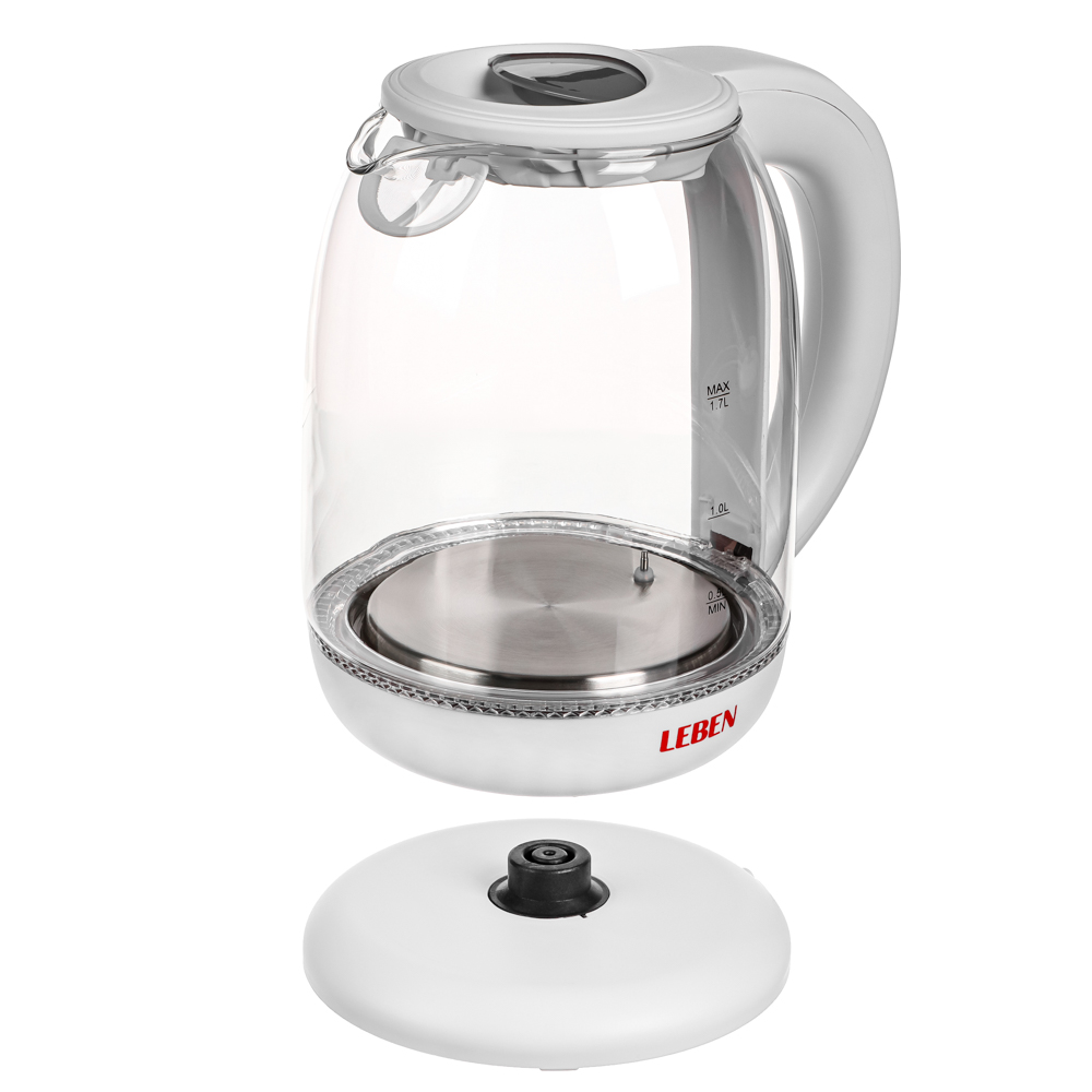 LEBEN Чайник электрический 1,7л, 1850Вт, скрытый нагр.элемент, автооткл., стекло, поддержание темпер, арт.№ 291-064