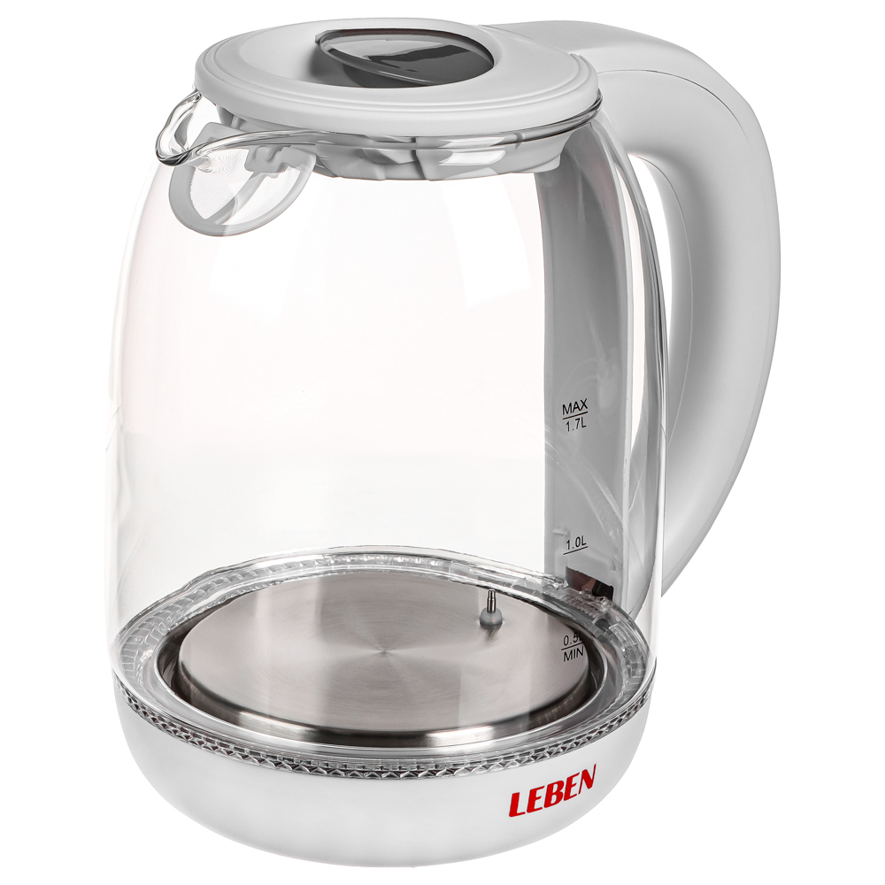 LEBEN Чайник электрический 1,7л, 1850Вт, скрытый нагр.элемент, автооткл., стекло, поддержание темпер, арт.№ 291-064