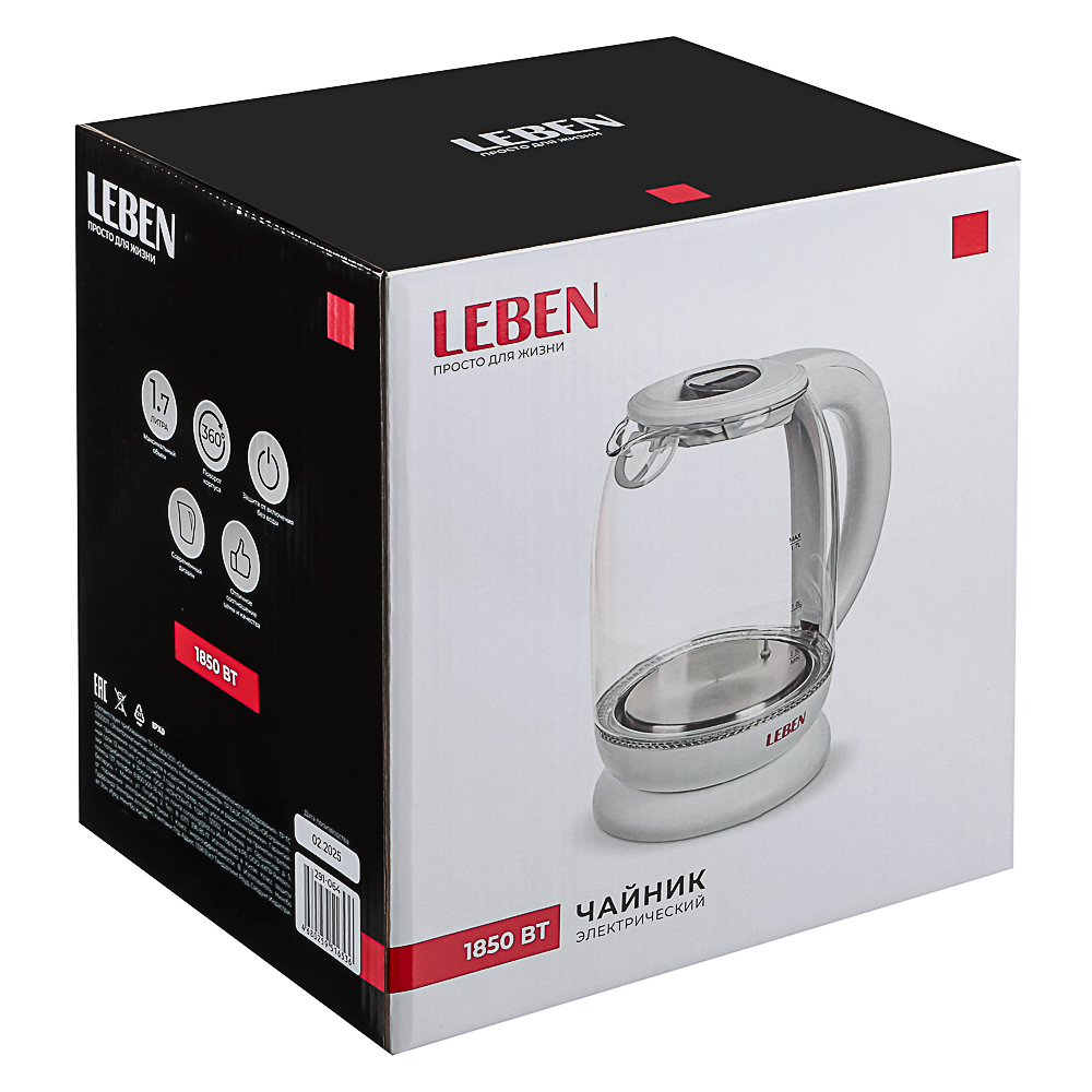 LEBEN Чайник электрический 1,7л, 1850Вт, скрытый нагр.элемент, автооткл., стекло, поддержание темпер, арт.№ 291-064
