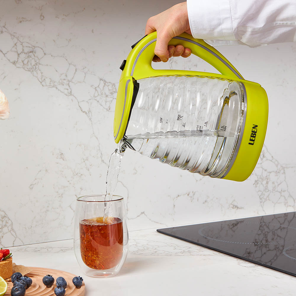 LEBEN Чайник электрический 1,7л, 1850Вт, скрытый нагр.элемент, стекло, рифлёное стекло, арт.№ 475-133