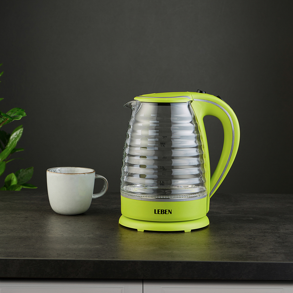 LEBEN Чайник электрический 1,7л, 1850Вт, скрытый нагр.элемент, стекло, рифлёное стекло, арт.№ 475-133