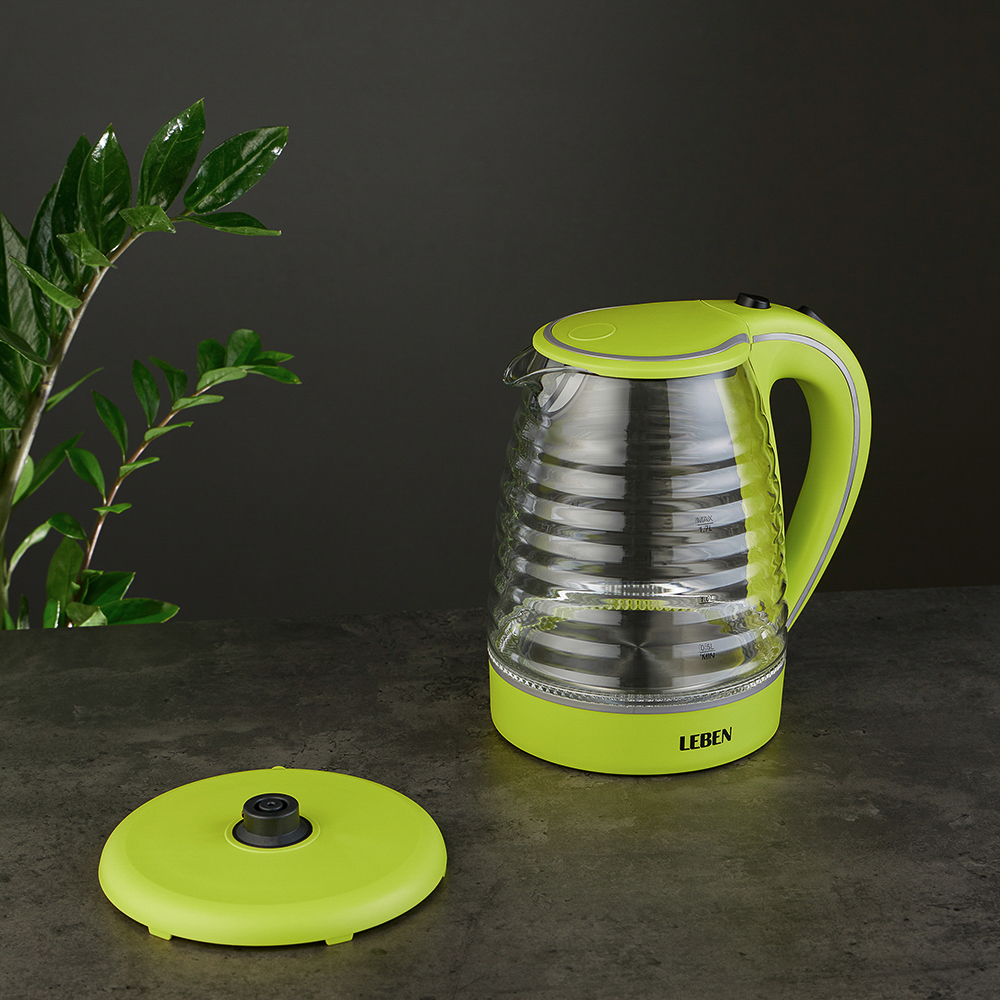 LEBEN Чайник электрический 1,7л, 1850Вт, скрытый нагр.элемент, стекло, рифлёное стекло, арт.№ 475-133